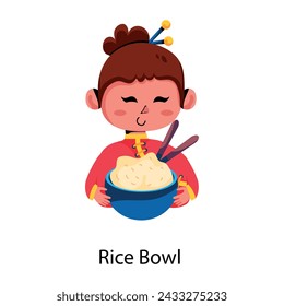A girl holding rice bowl, flat icon 