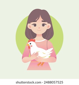 chica sosteniendo gallo, granja feliz, granja ecológica, huevos, mejores amigos, Ilustración vectorial, Vector