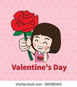 girl holding rose and valentine's day text on pink background