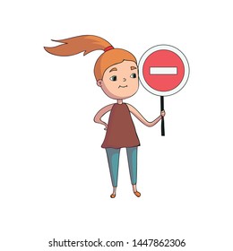 Girl holding a round red sign with white line. Vector illustration on white background.