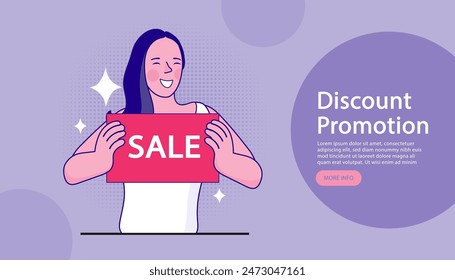 Girl holding sale sign. online shopping, shopping app, consumer, discount offer concept. special offer for womens goods commercial banners. Clearance Sale Banner for shop. Vector illustration.
