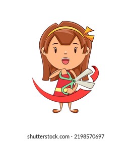 Girl holding scissors cutting red ribbon, grand opening ceremony, vector illustration