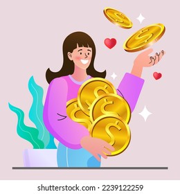 Girl holding several coins. large dollar coin. Saving and investing money. Money income concept. Flat Personal investment. Traders makes money. Business growth. vector illustration.