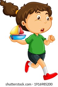 A girl holding a ship toy cartoon character isolated on white background illustration