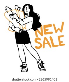 a girl holding a shopping bag with the words new sale