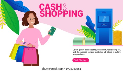 The girl is holding shopping bags and a credit card. The buyer and ATM. Multi-colored vector banner template on the theme of shopping, cash in a modern style.