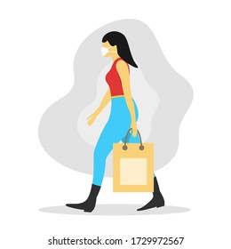 girl holding shopping bags with medical face mask, The woman is protecting herself from coronavirus and other diseases