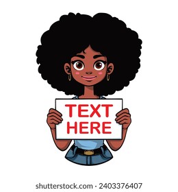 girl holding a sign. african american girl holding a sheet of white paper. Copy space. Your text here, template. Flat editable vector illustration, clip art.