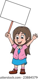Girl holding a sign where she can write a message, cartoon childish vector illustration.