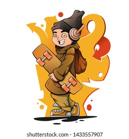 Girl holding a skateboard. Vector illustration. Skateboarder on graffiti background.  Extreme athlete