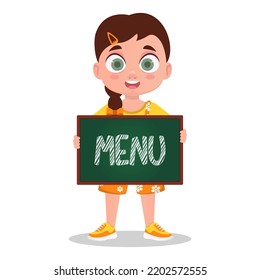 The girl is holding a small board, the inscription Menu. Vector illustration