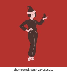 Girl holding a small Christmas tree in hand. Merry Christmas and Happy New Year. Vector illustration isolated on red background