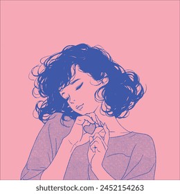 Girl Holding A Small Heart With Her Eyes Closed. Halftone Graphic Illustration 