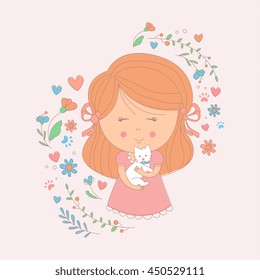 Girl Holding A Small White Dog Surrounded By Hearts And Flowers