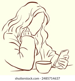 Girl holding a smartphone with a cup vector for card, decoration, illustration illustration