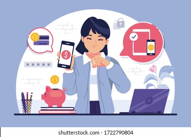 girl holding smartphone e-banking illustration concept