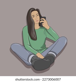 Girl holding smartphone hand drawn vector flat illustration