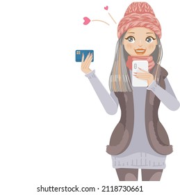 girl holding a smartphone and looking her credit card for online shopping concept. girl character fashion winter outfit. templates presented by people. copy space for text and products.