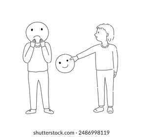 A girl holding a smile sign and hands it to a sad boy in grief awareness concept.