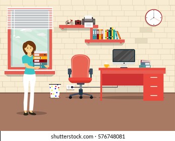 Girl holding some books in workplace. flat illustration