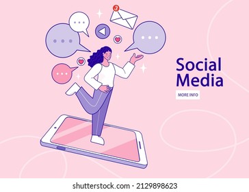 Girl holding speech bubbles. Online communication on social network and media. Woman sending and receiving Internet messages on smartphone or texting on mobile phone. Flat cartoon vector illustration.