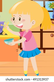 Girl holding spoon and bowl illustration