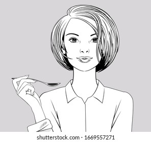 Girl holding a spoon in her hand. Linear drawing. Vector illustration