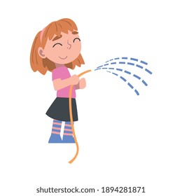 Girl Holding Spray Water Hose, Taking Care about Ecology, Conservation of Planet Resources, Environmental Protection Concept Cartoon Vector Illustration