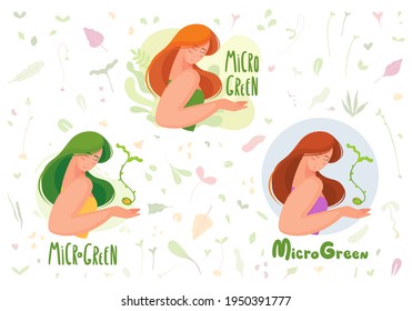 Girl holding a sprout of a young plant in her hand, microgreen, logo, vector illustration