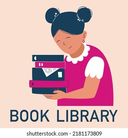 girl holding stack of books. concept of learning. illustration of a flat style library