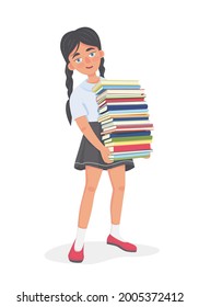 girl holding a stack of books in her hands. Vector illustration of a schoolgirl addicted to reading books. Symbol of learning, child development. Isolated character in cartoon style