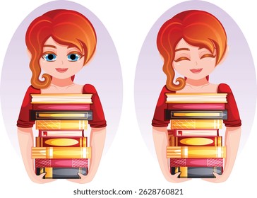 Garota segurando pilha de livros e sorrindo. Livro Amante Conceito Personagem Arte