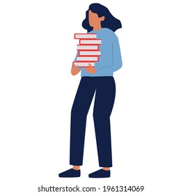 The girl is holding a stack of books. Student, schoolgirl.
