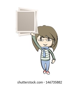 Girl holding a stamp. Vector design