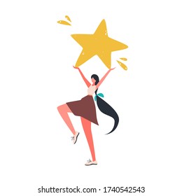 Girl holding star in her hands drawing. Isolated on white success
banner design. Assessment, rating
hand drawn concept. Social sign
vector illustration in flat cartoon style.