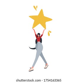 Girl holding star in her hands drawing. Isolated on white success
banner design. Assessment, rating
hand drawn concept. Social sign
vector illustration in flat cartoon style.