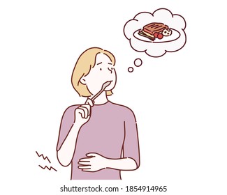 girl holding stomach because of hungry, kid thinking of food and holding her stomach, stomach ache. Hand drawn style vector design illustrations.