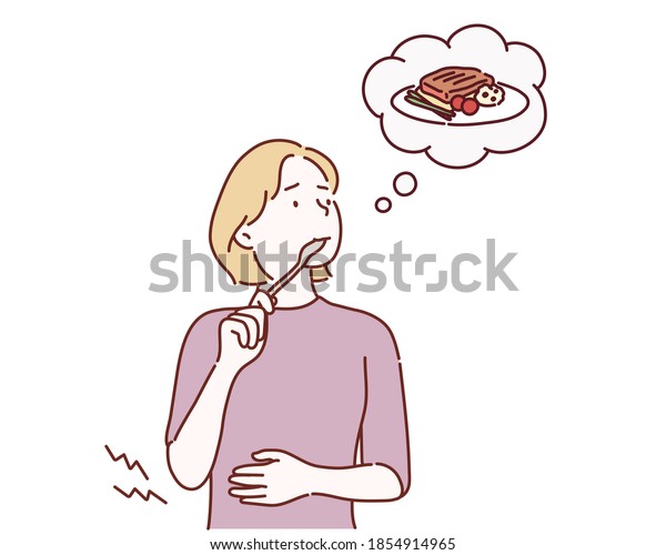 girl holding stomach because of hungry,\
kid thinking of food and holding her stomach, stomach ache. Hand\
drawn style vector design\
illustrations.