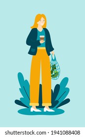 Girl is holding string bag with vegetables and coffee cup. Shopping with eco bag. Zero waste, vegetarianism. Eco lifestyle.