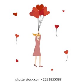 Girl holding the string of bunch of flying red heart balloons. Scared woman flying high with baloons.