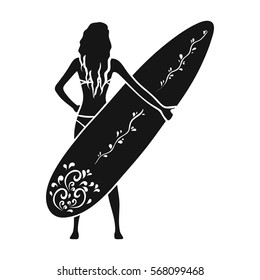 Girl is holding a surfboard icon in black style isolated on white background. Surfing symbol stock vector illustration.