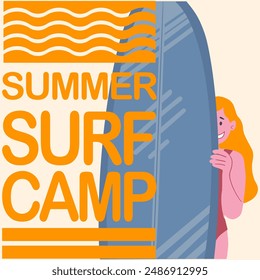 A girl is holding a surfboard. Vector illustration. Poster. Flat illustration.