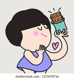 Girl Holding A Sweet Chocolate Bar With Love. Girl Showing That She Doesn't Want Nothing Except Her Favorite Treat Concept Card Character illustration