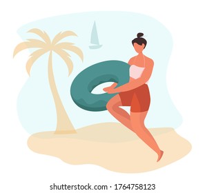 Girl Holding Swim Ring on the Beach. Happy Woman is Running Along the Coast with Swim Ring in Hands on Sea.On beach Background with Palm and Blue Sky.Wearing swimsuit.Flat Vector Illustration