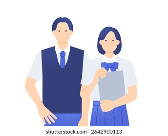 Girl Holding a Tablet with Classmates – Front View Students in Summer Blazer Uniform Vector Illustration