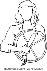 The girl is holding a tambourine and a hammer. Linear quick sketch without a face. Vector image of a person with a line. For printing advertisements, posters, business cards, banners. 