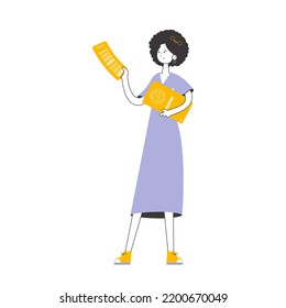The girl is holding a ticket and a passport. Travel theme. Linear trendy style. Isolated. Vector.
