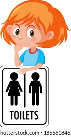 Girl holding toilets sign isolated on white background illustration