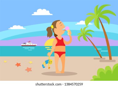 Girl holding toy and eating ice-cream on beach, child in red swimsuit standing on sand, sunset and ocean view with ship, palm trees and cloudy sky vector