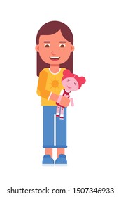 Girl holding toy flat vector illustration. Smiling little child and doll cartoon character. Primary school, elementary grade or kindergarten pupil. Happy childhood activity, playtime
